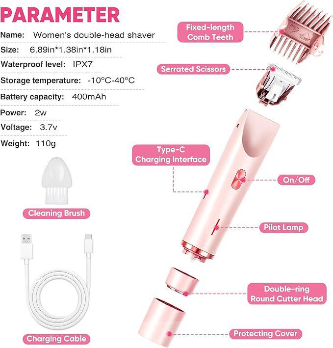 Women's Waterproof Electric Razor: Double-Head Shaver for Dry & Wet Use, Full Body Hair Removal