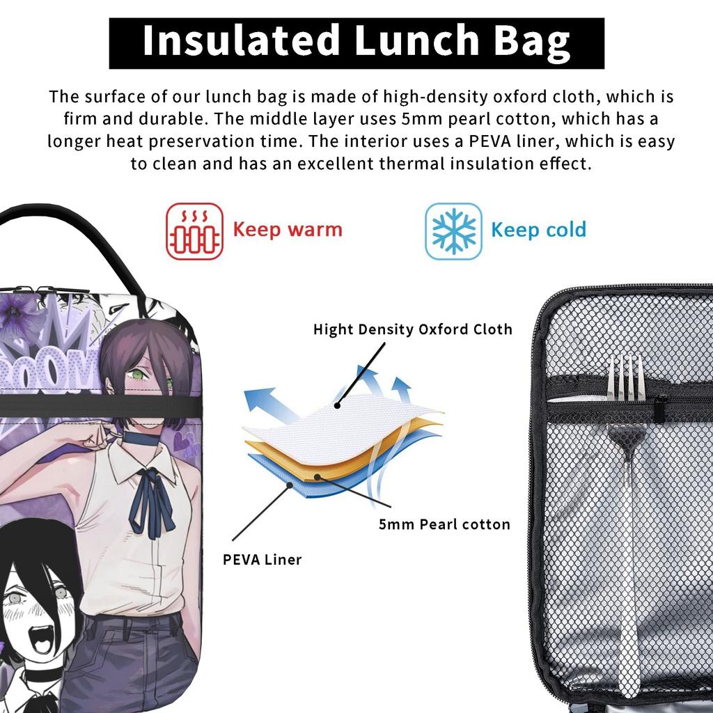 C-Chainsaws Man Reze Insulated Lunch Bag Thermal Bag Reusable,Meal Container Anime Manga Leakproof Lunch Box Tote  Outdoor