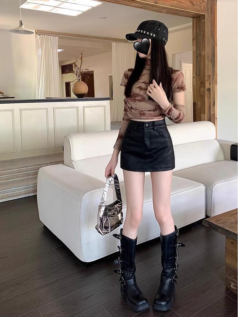 Summer 2025 Petite High Waist A-Line Brown PU Leather Skirt for Women