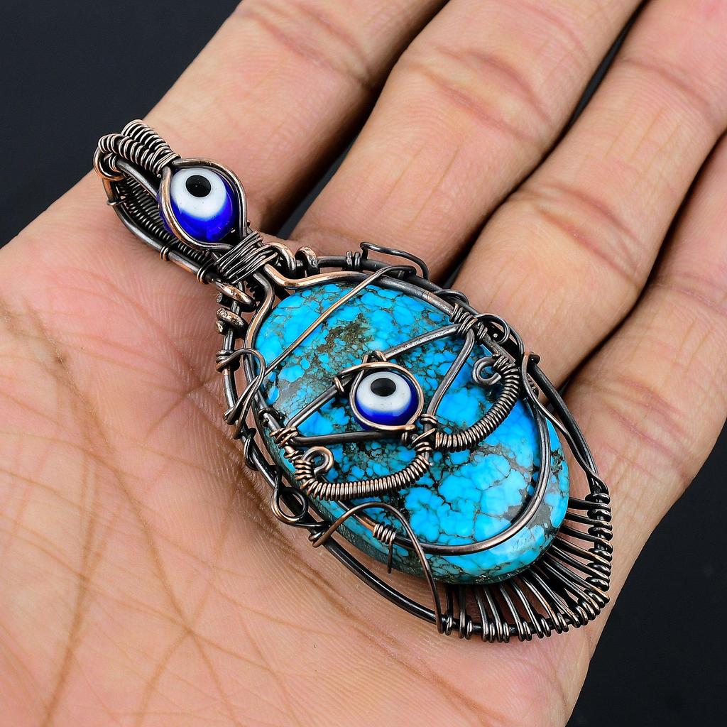 Tibetan Turquoise & Blue Evil Eye Pendant, 999 Copper Wire Wrapped Gemstone Jewelry, Handmade Pendant, For Thanksgiving