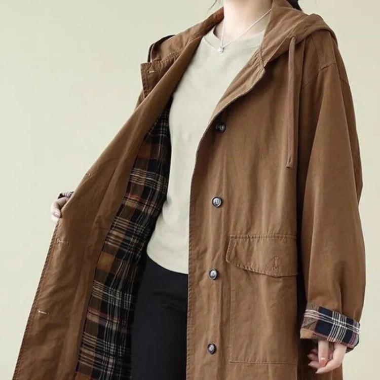 Kvinner Koreansk Vintage Hettekåpe Høst Casual Løse Lange Ermer Enkelknappet Ensfarget Lommekåpe Johnature Mote Yttertøy