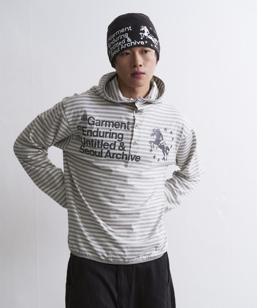 Unicorn Small Stripe Henley Neck Hoodie Melange White