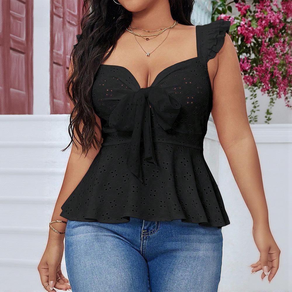 European and American summer new black sleeveless top female slim and thin backless strap ruffle hem fashionable and versatile