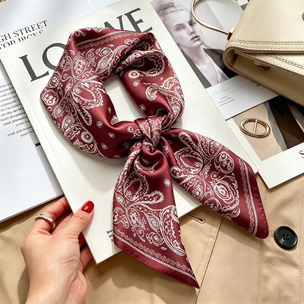 Autumn and winter Maillard cashew square scarf silk scarf women's shirt versatile neck small scarf tied hair decorative scarf