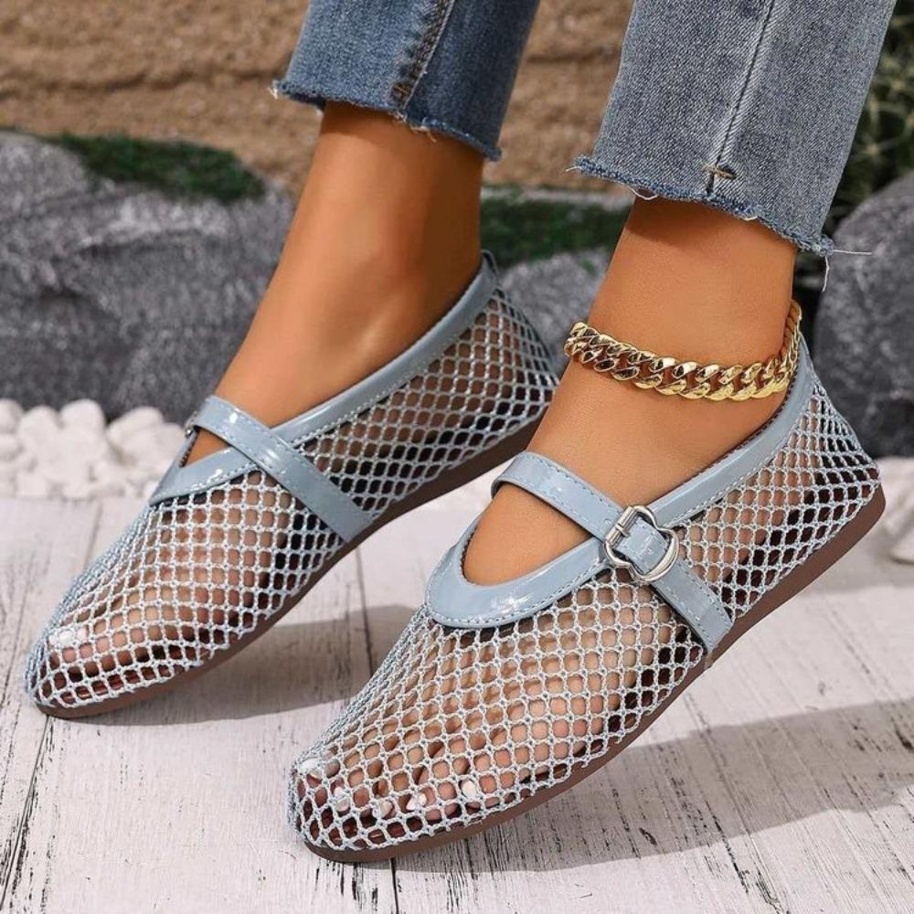 Plus Size Women Round Toe Fishnet Hollow Out Flat Sandals, New Spring Summer European Style Breathable Casual Sandals