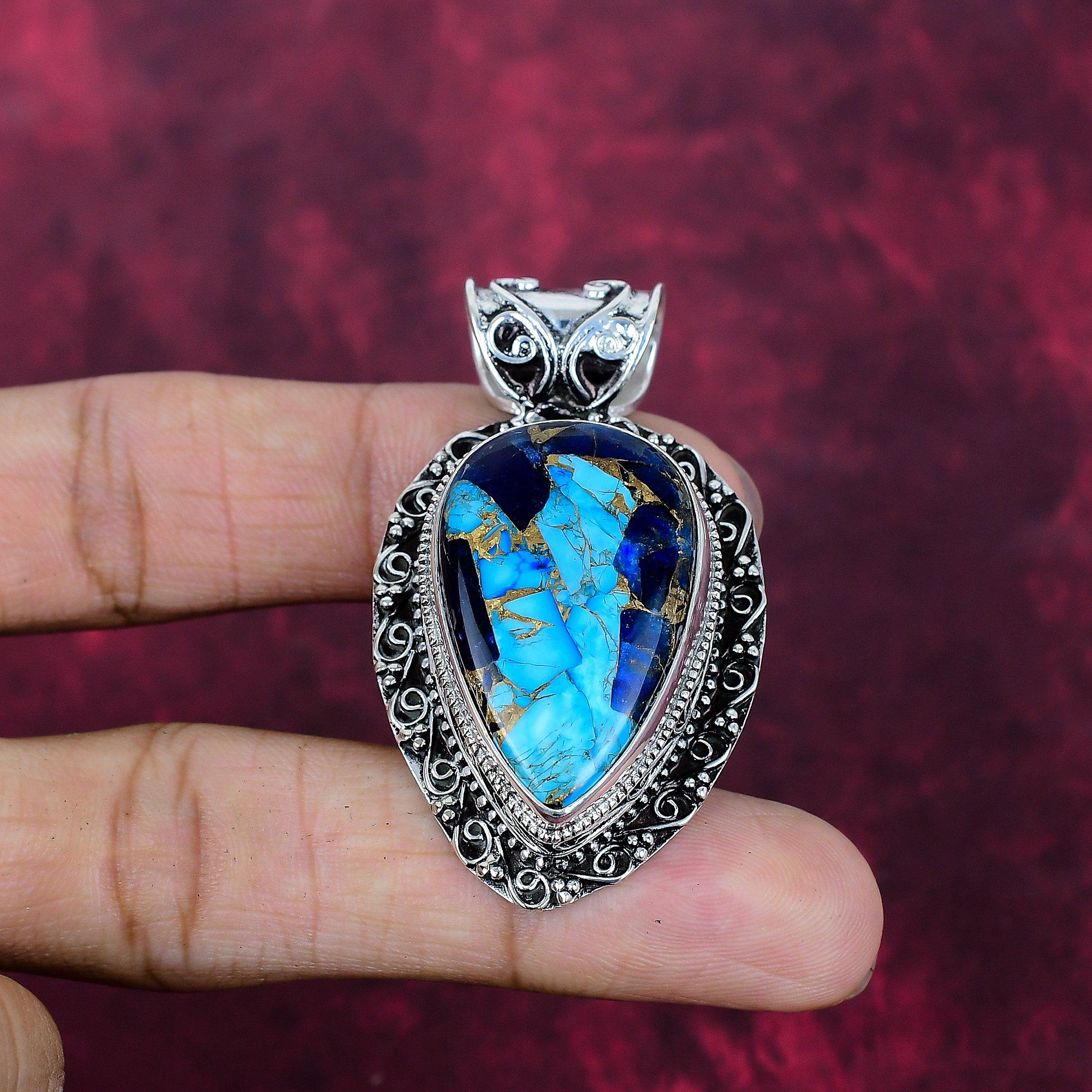 

Медный лазурит бирюза кулон из драгоценного камня ручной работы, кулон из стерлингового серебра 925 пробы, удивительное украшение, подарок «Любовь навсегда» 2.04 Inches