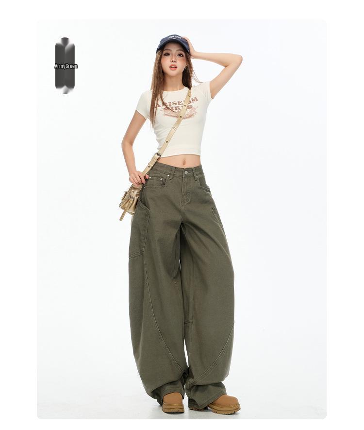 Autumn Khaki Scimitar High-Street Drapey Wide-Leg Jeans for Women