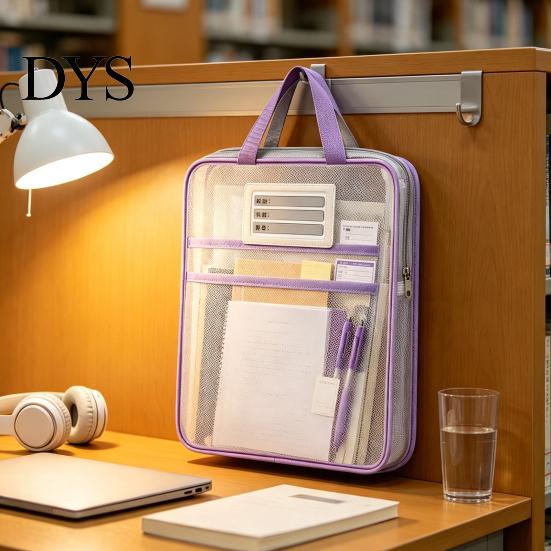 Durable Nylon Mesh Pockets Transparent Document Bag, Portable Lightweight File Organizer with Zipper School Stationery Organizers And Strap,
