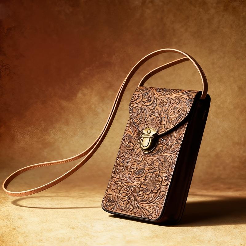 Vintage Art Handmade Embossed Shoulder Bag Bohemian Vintage Crossbody Bag,3D Floral Texture Wallet, Vintage Women's Floral Handbag
