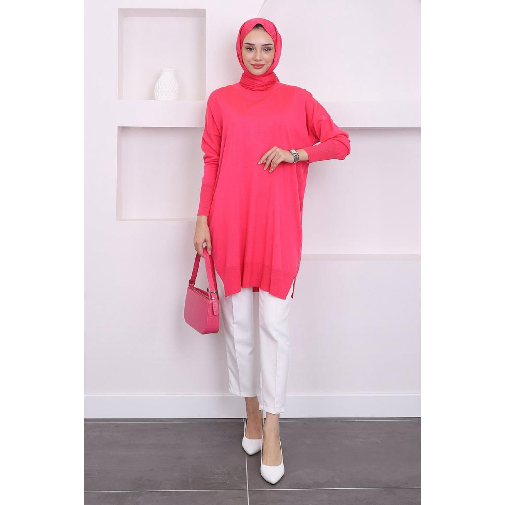 Dark Fuchsia Crew Neck Thin Mercerized Loose Knitwear Tunic