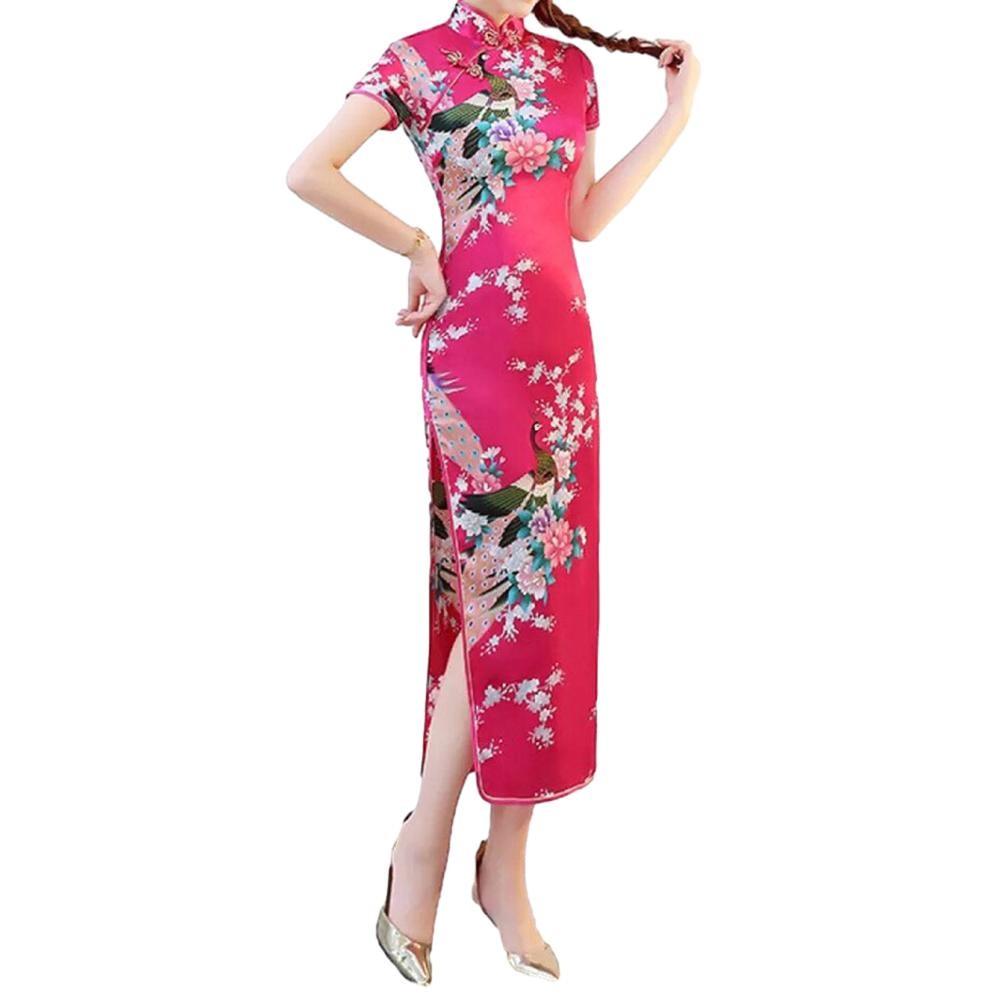 Stylish Short Sleeve Cheongsam for Women Chinese New Year Dress Rose Red S розы красного