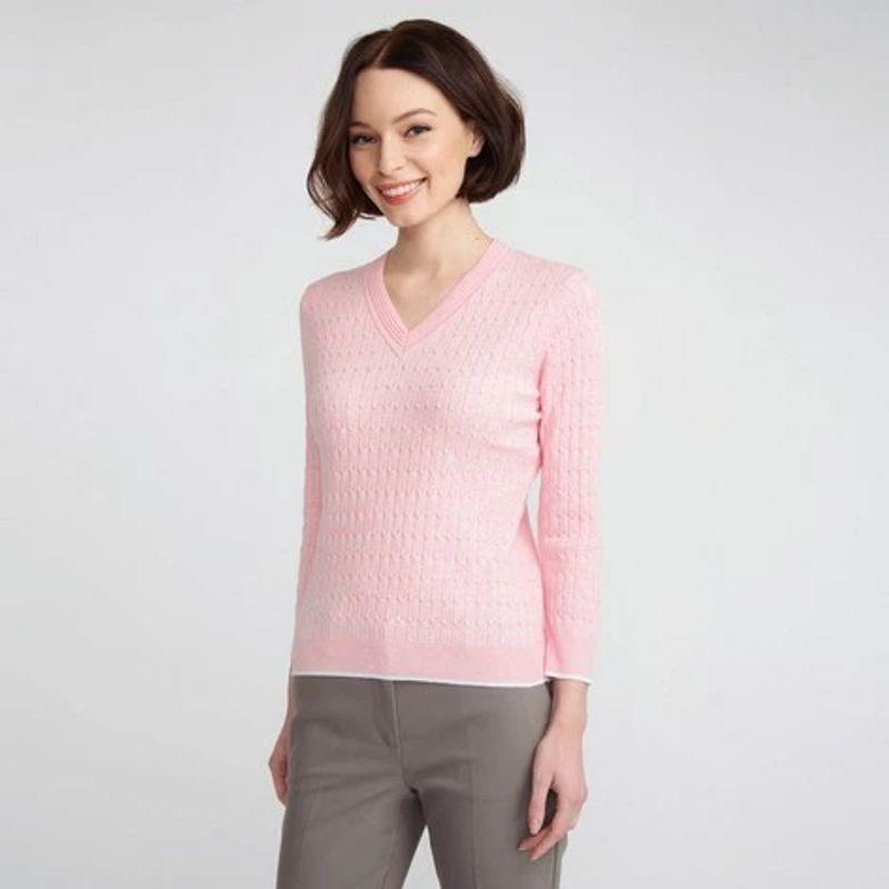 

Sunshine House New Arrival Export European and American plus Size Women s Clothes V Neck Cable-Knit Pullover 3/4 Sleeve Knitwear Lightweight Sweater Pink 16#: Bust size 108-114