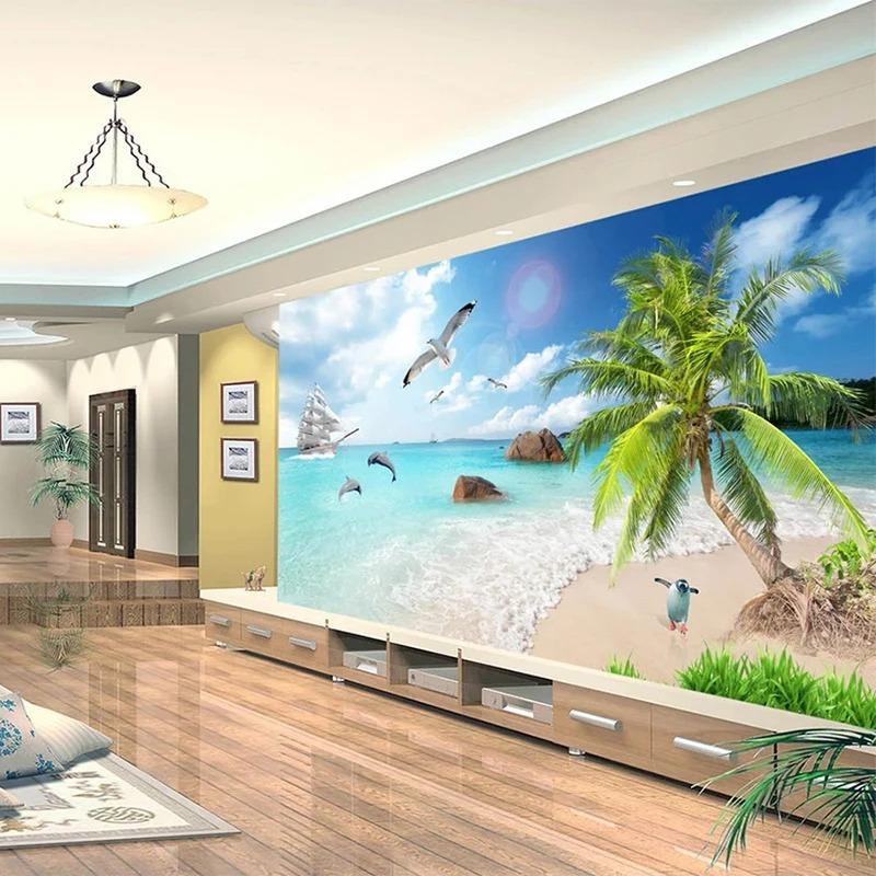 3d Seascape Scenery Wallpaper Coconut Tree Beach Fresco Living Room Tv Sofa Bedroom Wall Mural Decor