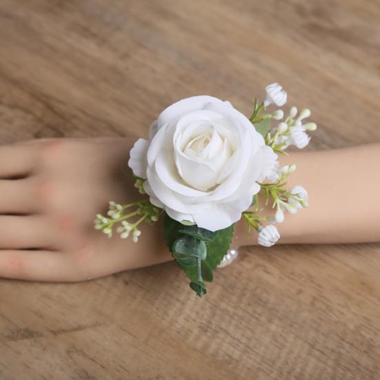 Suit Corsage Wedding Wristlet Band with Faux Pearl Embellished Simulated Roses Bride Groom Romantic Floral Accessories Prom Decoration