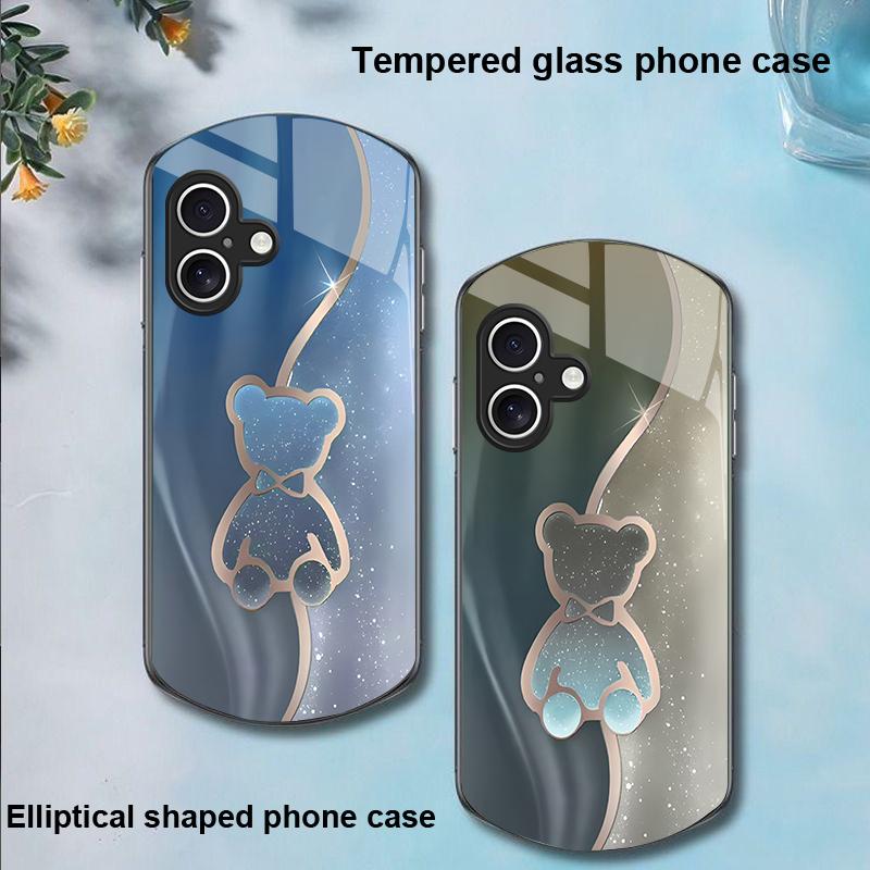Trompe L'oeil Bear For Apple IPhone 16 11 13 15 14 Pro Max 12 Mini 7 8 Plus XR X XS Elliptical Shaped Tempered Glass Phone Case