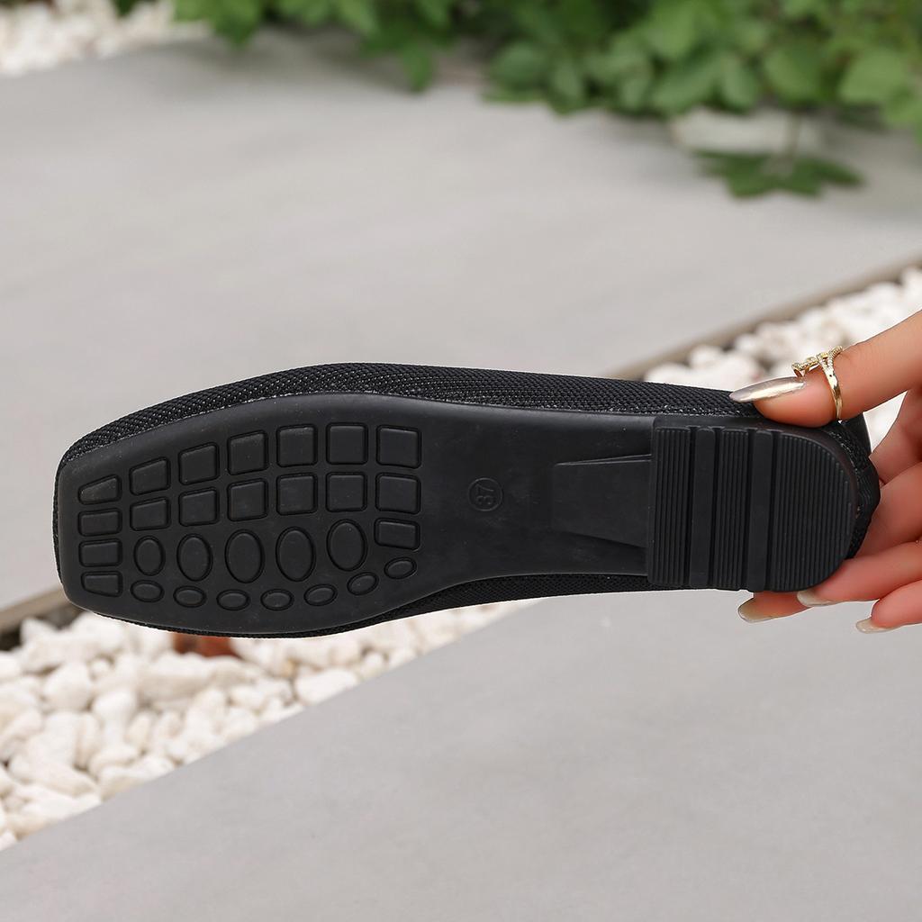 Ladies' Casual Square Toe Flat Shoes with Crystal Buckle Decoration, Breathable Fabric for One Foot Shoes, Rubber Sole, Suitable for All Seasons