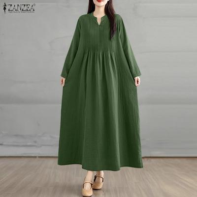 Damen Freizeit V-Ausschnitt Unifarben Langarm Locker Kleid
