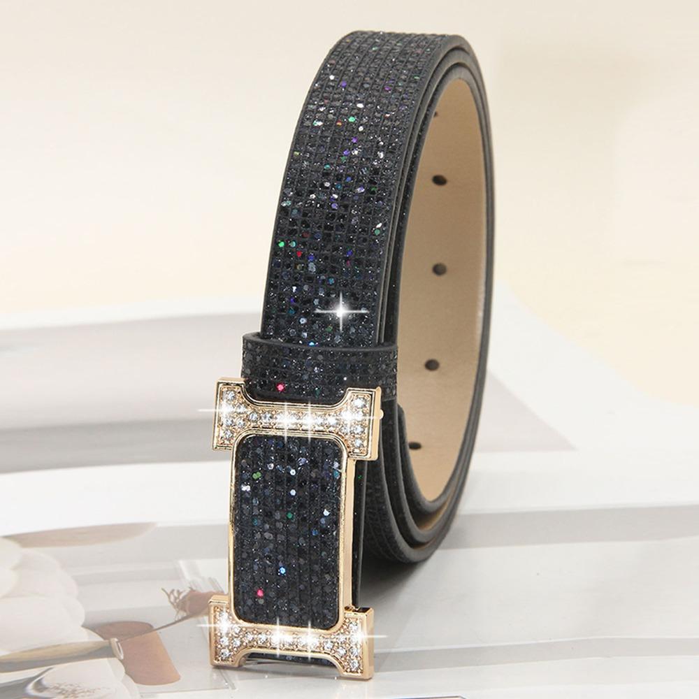 Glitter PU Leather Belt Bling Bling Slide Buckle Belt Vintage Trendy Waistband  Women