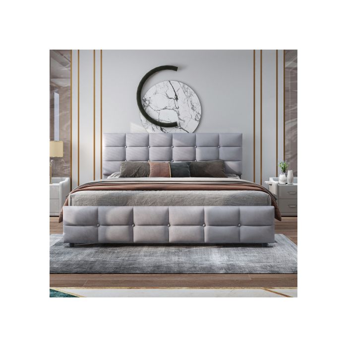 Lit double - MUVOE - 180 x 200 cm - Rembourré - 4 tiroirs - Gris