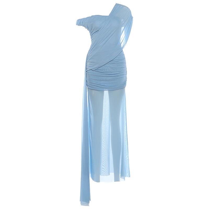 2026 European and American summer new pleated solid color fashion slanted shoulder slightly transparent light luxury slim temperament dress