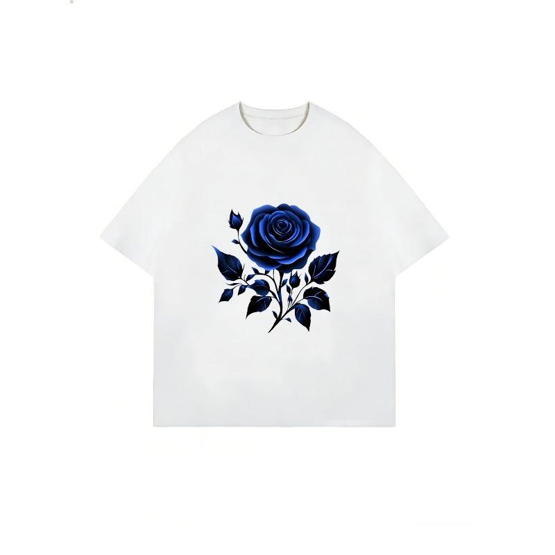 White Crew Neck T Shirt With Blue Rose Print For Casual Wear