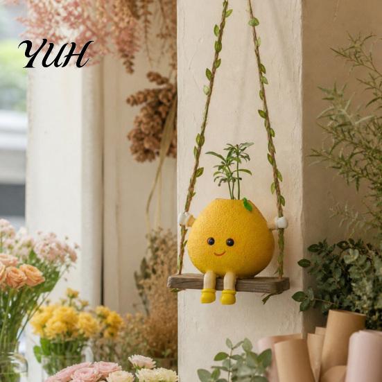Healing Home Style Wall Art Cute Swinging Lemon Hanging Ornament, Smiling Figurine, Resin Swing Craft Ornaments Decor, Boho for Bedroom Balcony Decor