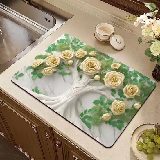 Floral Dish Drying Mat Absorbent Kitchen Drying Mat Reusable Washable Dish Drying Pad Non-slip