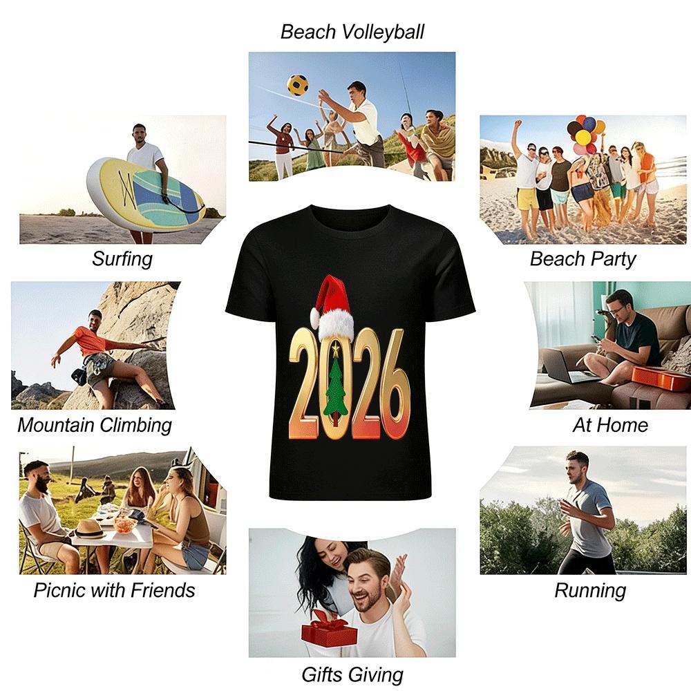 2026 Christmas Themed Number Print Casual Crew Neck Long Sleeve Top Pure cotton T-shirt