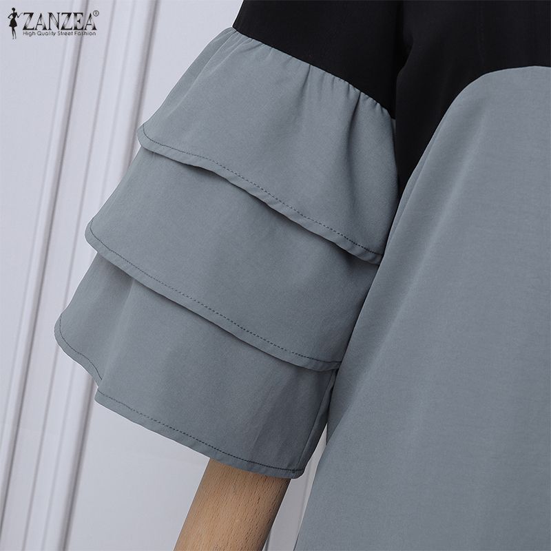 ZANZEA Women Casual V-neck Ruffles 3/4 Sleeve Loose Long Dress