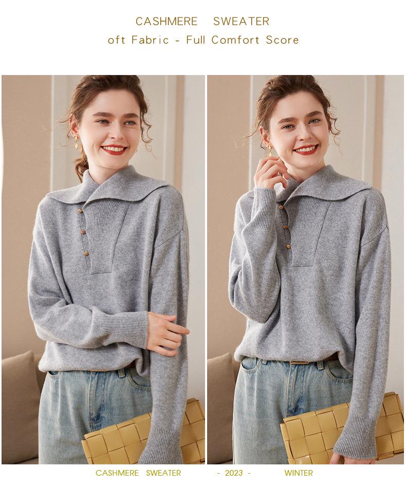 Women's Solid Color Cashmere Lapel Knit Sweater - Long Sleeve, Loose Fit, Warm Pullover for Autumn & Winter