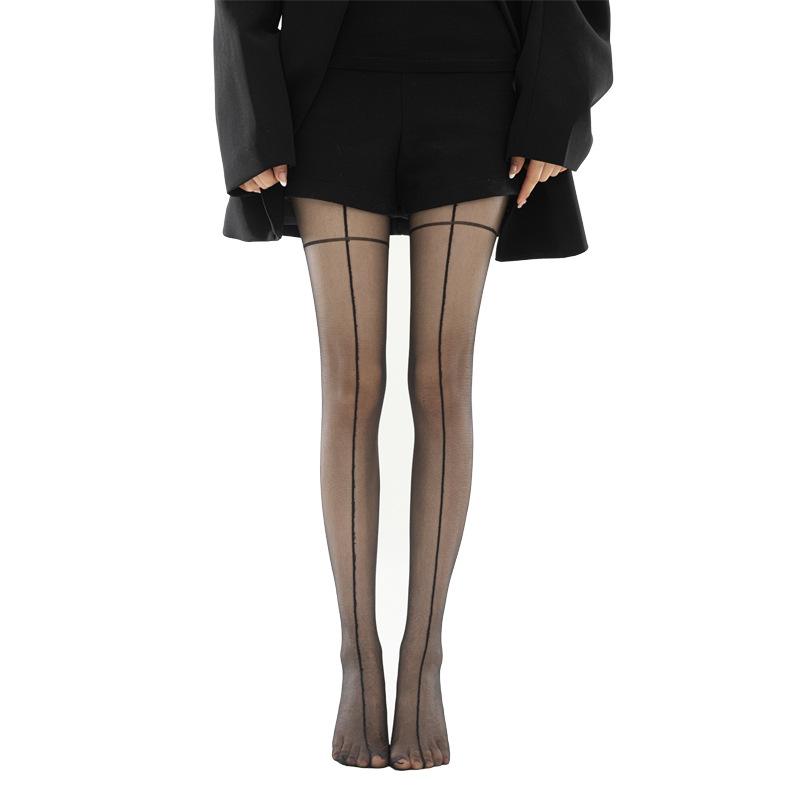 Sexy long-leg vertical stripe pantyhose for women, summer thin anti-snag black stockings with cross pattern