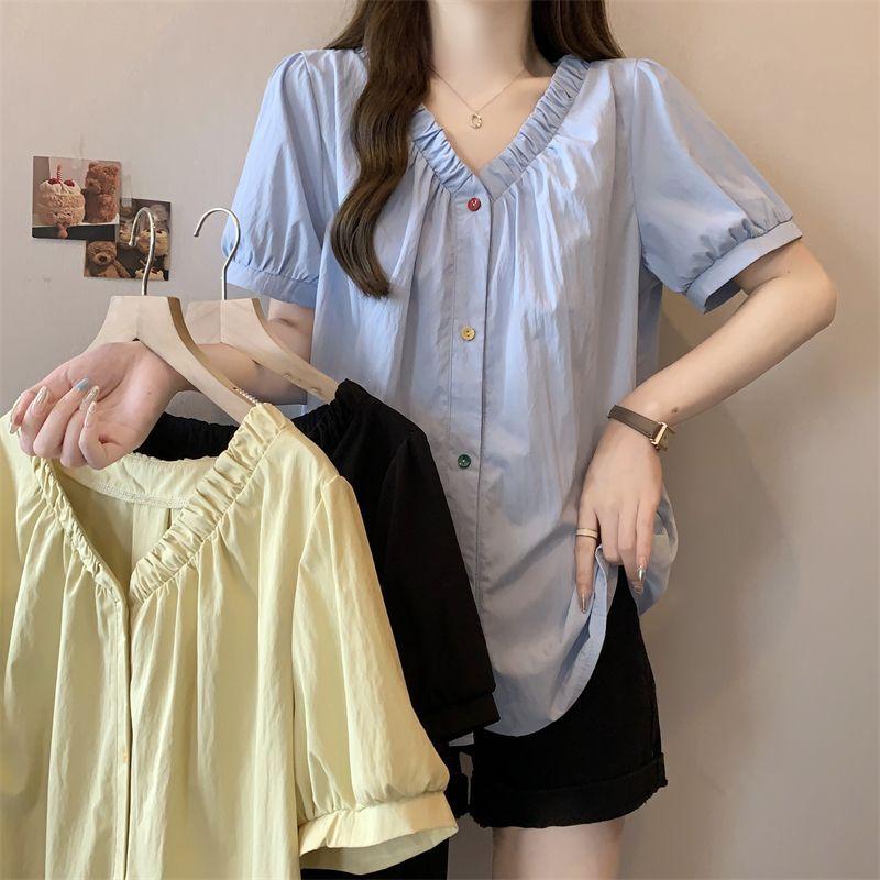 Colorful Button V-neck Women's Shirts Comfortable Casual Summer Blouse Korean Minimalist Versatile Ladies Clothing