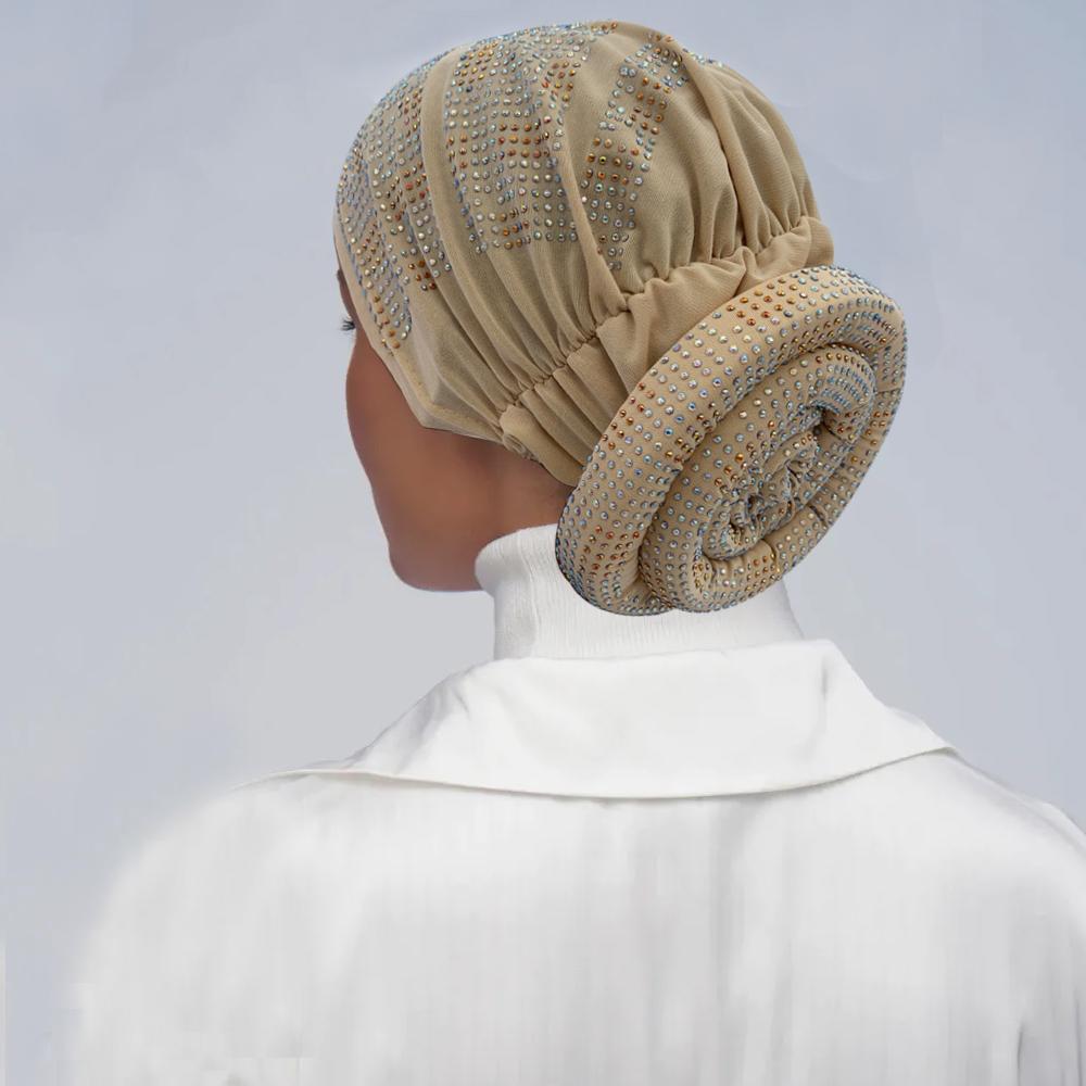 Full Diamonds Women's Donut Turban Cap Elastic Muslim Headscarf Bonnet Female Headband Hat African Caps Lady Hair Accessories