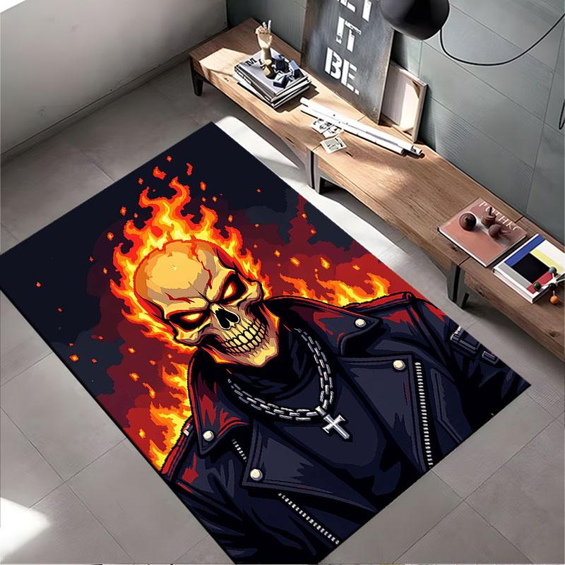 "Fiery Ghost Skull Skeleton Art" suitable as a non-slip mat for the living room or bedroom sofa