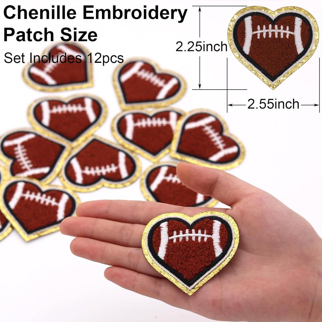 12pcs Heart Football Iron on Patches Embroidered Motif Applique Deco Sew on Patches Gold Edges Chenille Love Shape Rugby Embroidered Patches for