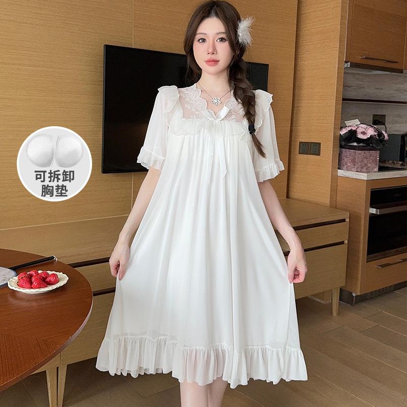 Summer Style Solid Color Lace Bow Mesh Court Princess Style Medium Long Nightdress Pajamas Loungewear
