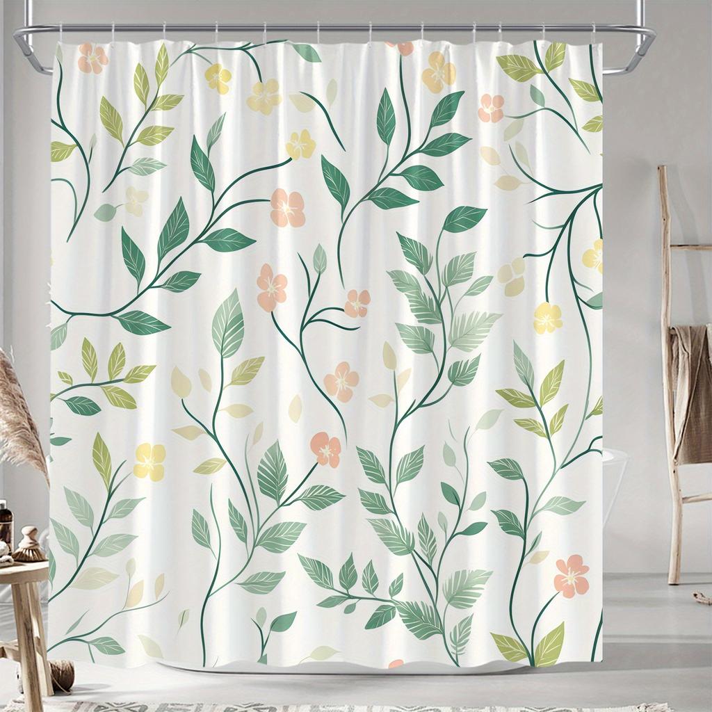 1 Minimalist Watercolor Leaves and Pink Floral Shower Curtain - Green Leaves On Light Background, with Hook, Machine Washable