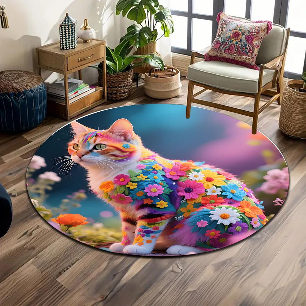 Colorful Cat with Blooming Flowers Print round rug, living room, bedroom, playroom carpet, non slip floor mat, gift