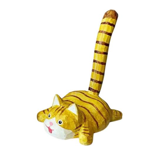 Tiger Cat Desktop Ornament Wooden Phone Stand, Ornament, Cute Artistic Sculpture Animal Holder, Handmade Decor, Creative Gift for Friends Office Desk