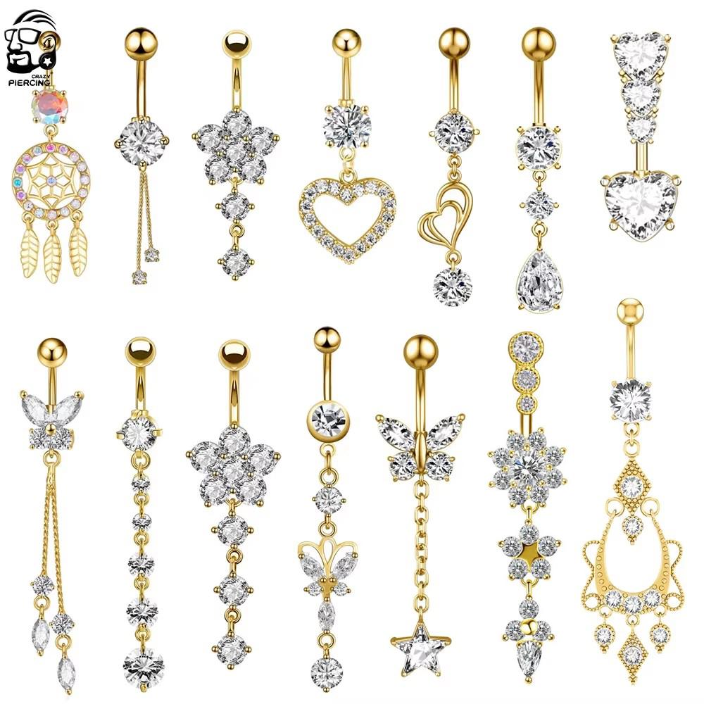 Butterfly-bow Dangled Navel Ring Piercing 14G Flower Heart Crystal CZs Belly Button Ring for Women Stainless Steel Belly Jewelry