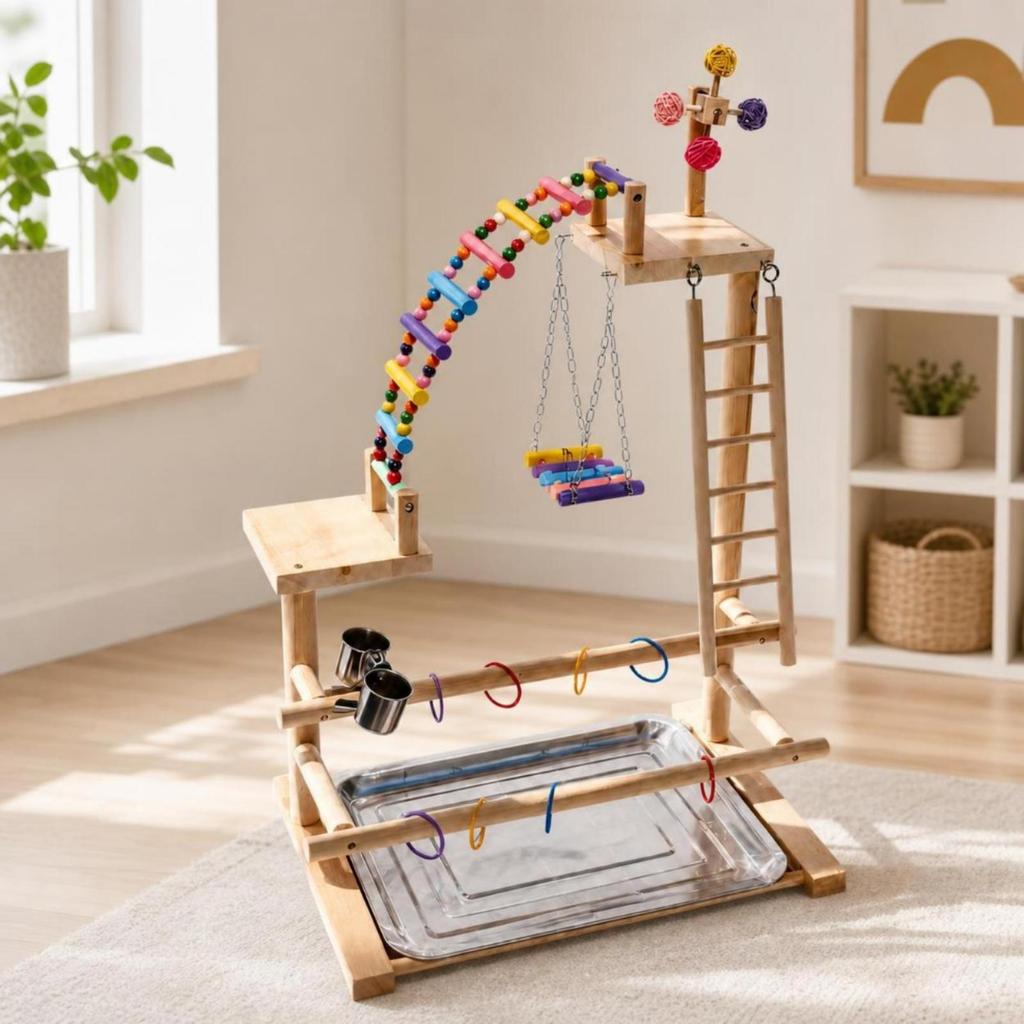 Bird Play Stand Featuring Food Dish Cups Wooden Pet Supply Natural