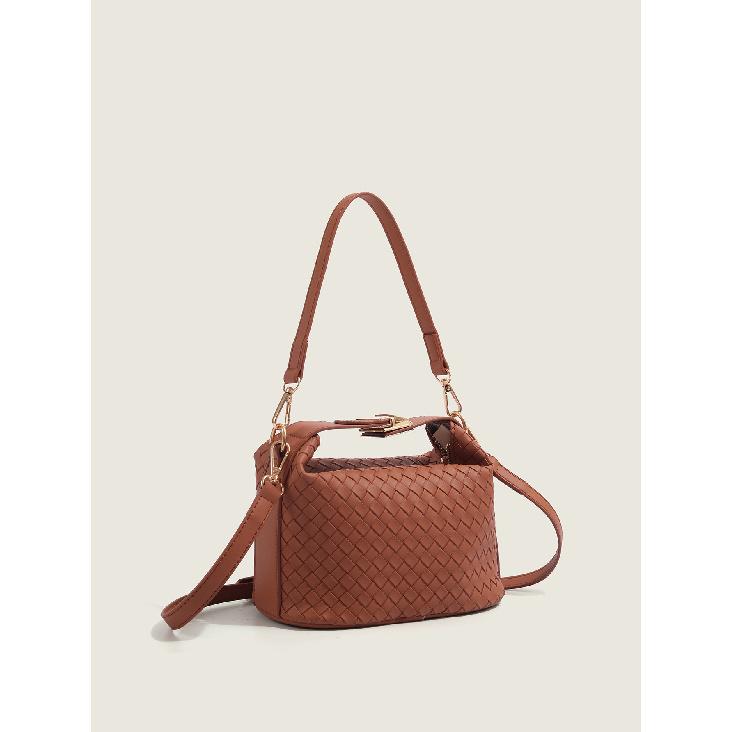 Women's Leather Woven Small Square Bag 2025 New Autumn Winter Crossbody Shoulder Bag Niche Design Handheld Lunch Box Bag