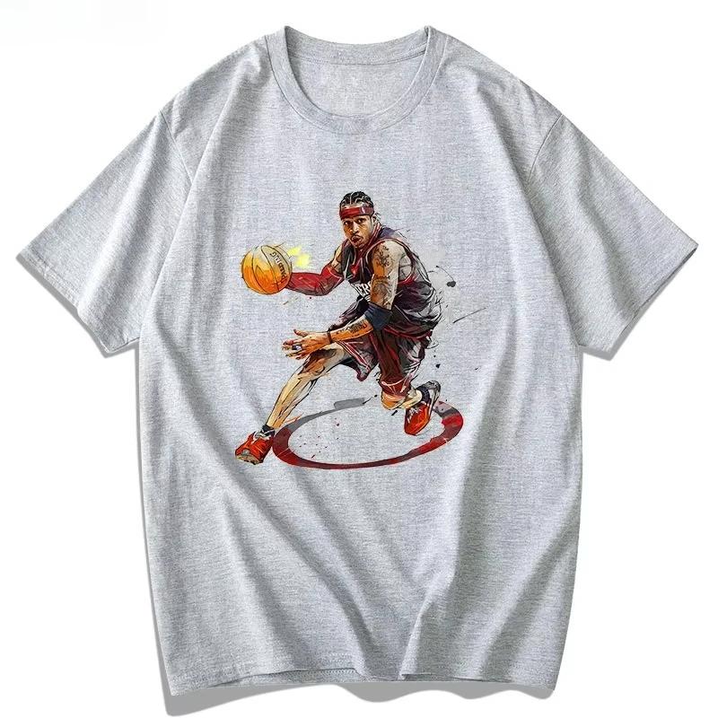 Summer men's new Iverson character T-shirt Basketball fire print casual short-sleeved round-neck 100% cotton T-shirt streetwear