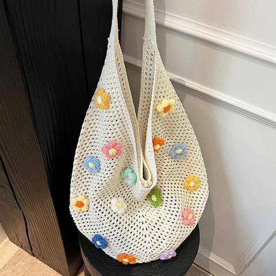 Sac à Bandoulière Bohème au Crochet Sac de Plage Tricoté avec des Fleurs Colorées Sac Cabas Léger Tissé pour Femmes Filles Vacances d'Été Voyage Pique-nique Shopping