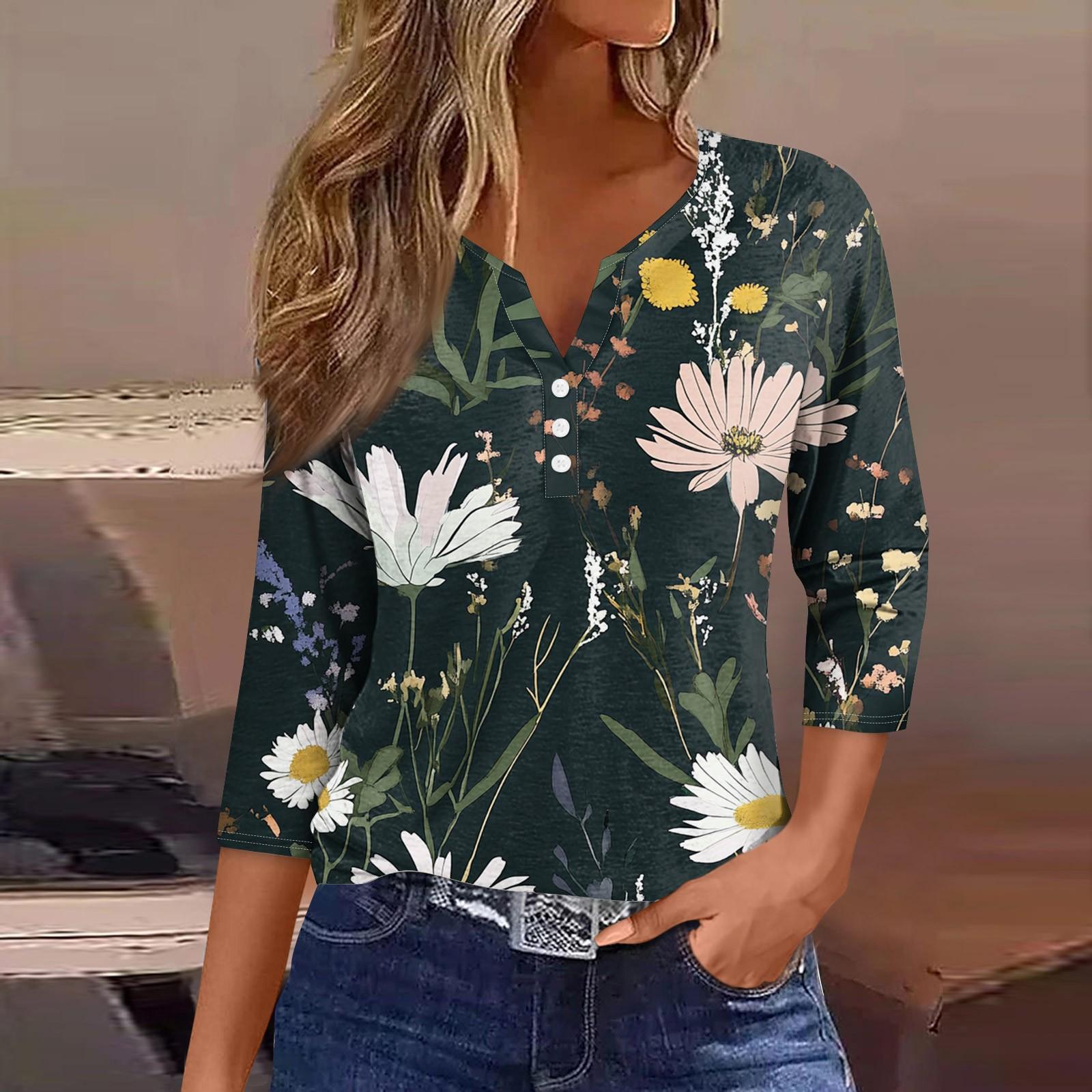 

Женская модная повседневная футболка с цветочным принтом, V-образным вырезом, коротким рукавом, декоративными пуговицами и рукавом три четверти XXXL тёмно-синий
