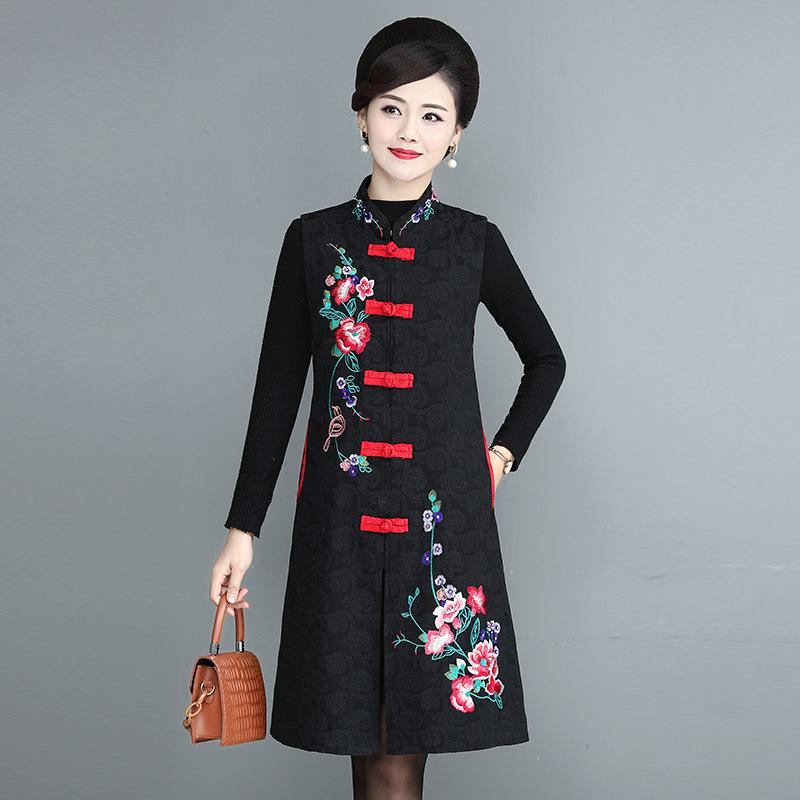 Women's Ethnic Embroidered Fleece Vest - Mid-length, Sleeveless Tang Suit for Spring & Autumn