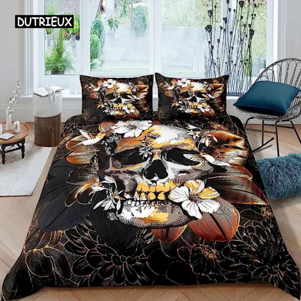 Sugar Skull Segas pārvalks Pusaudžu meitenes gultas veļas komplekts Sugar Skull Decor Gultas veļa Galvaskauss Skelets Rozes Ziedu apdrukas segas pārvalks Dekoratīvs