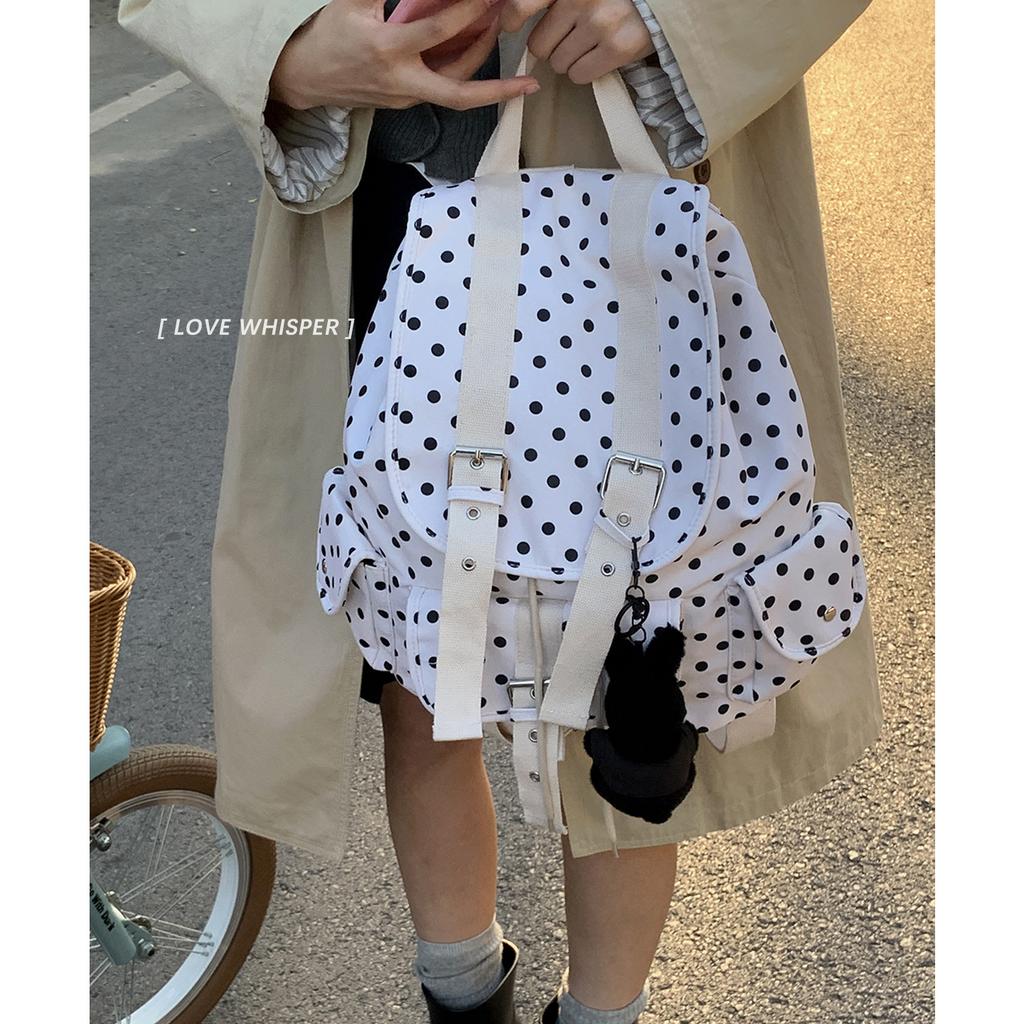 Korean Version of College Style Casual Schoolbag Women's 2025 New Canvas Bag Polka Dot Printed Backpack One Piece