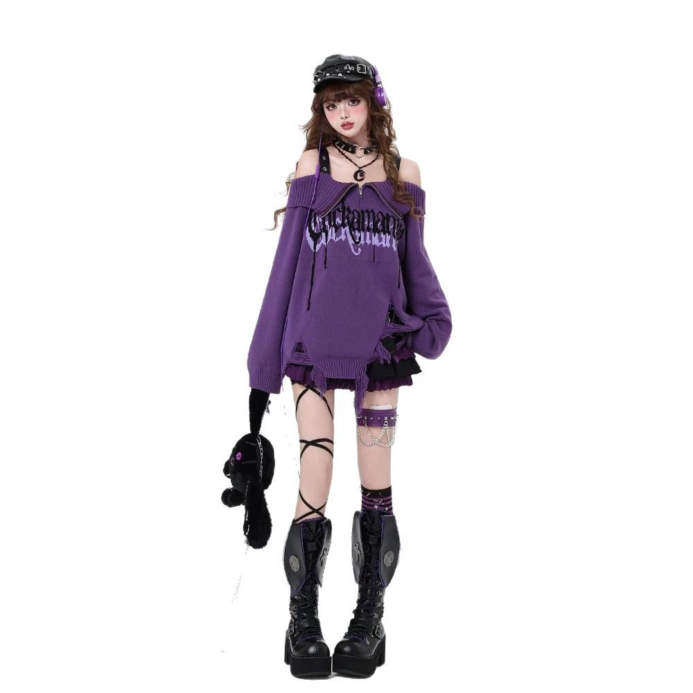 Korean Style Off-Shoulder Punk Sweater with Turn-Down Collar - Women's Autumn/Winter Ripped Knitted Top
