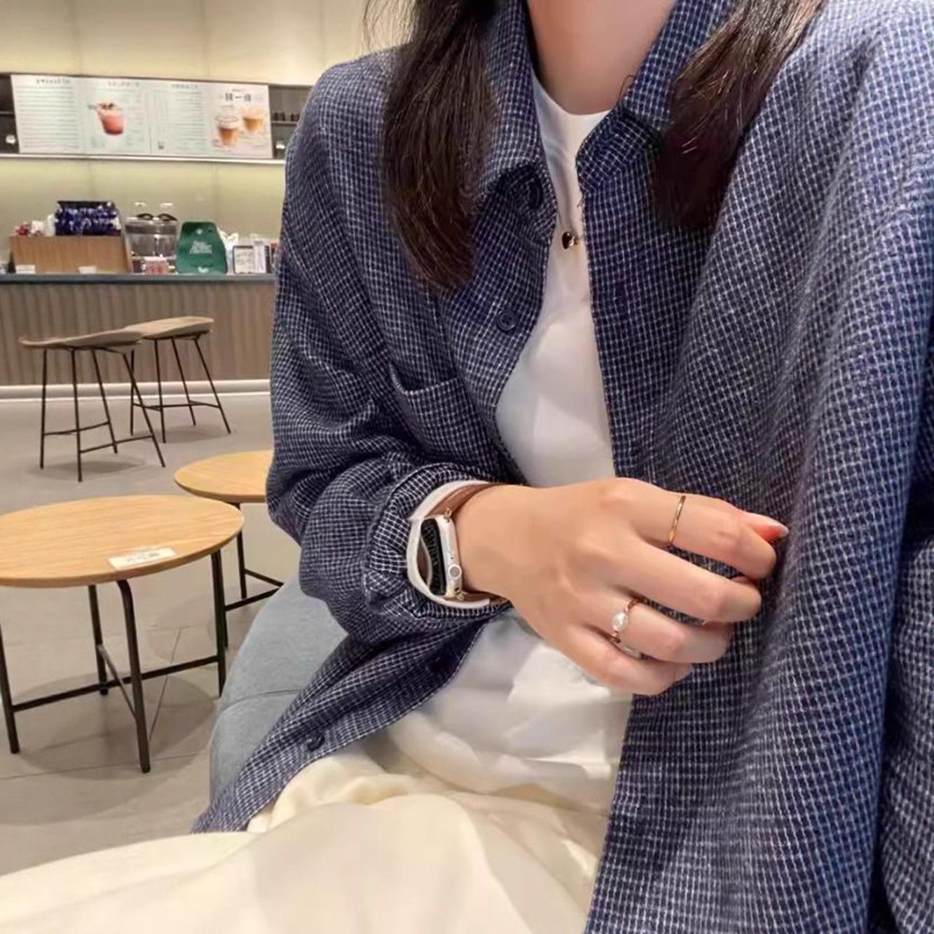 Женская корейская синяя клетчатая ворсовая рубашка - Свободный крой для весны, осени и зимы XXL темно-синий